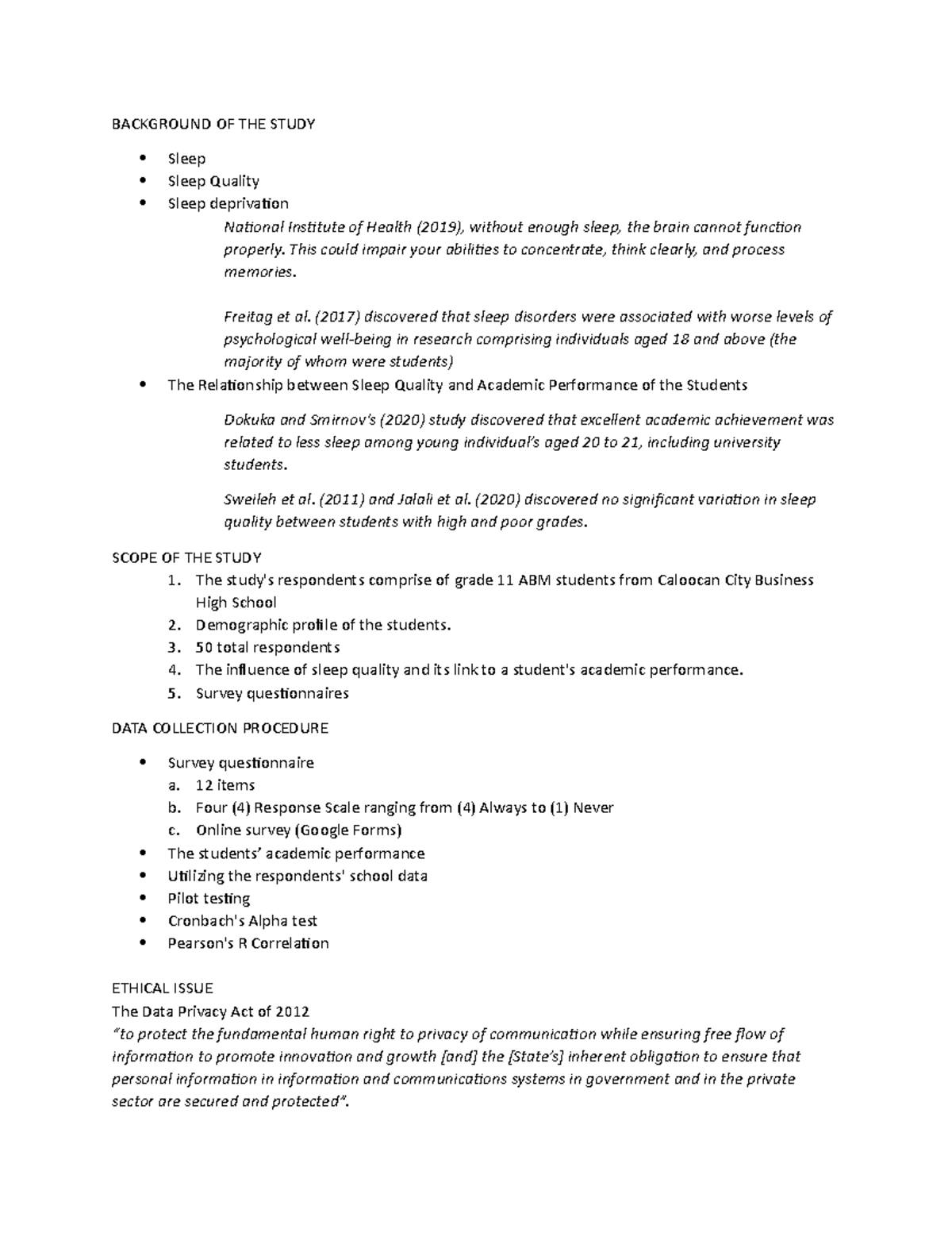 Proposal script - BACKGROUND OF THE STUDY Sleep Sleep Quality Sleep ...