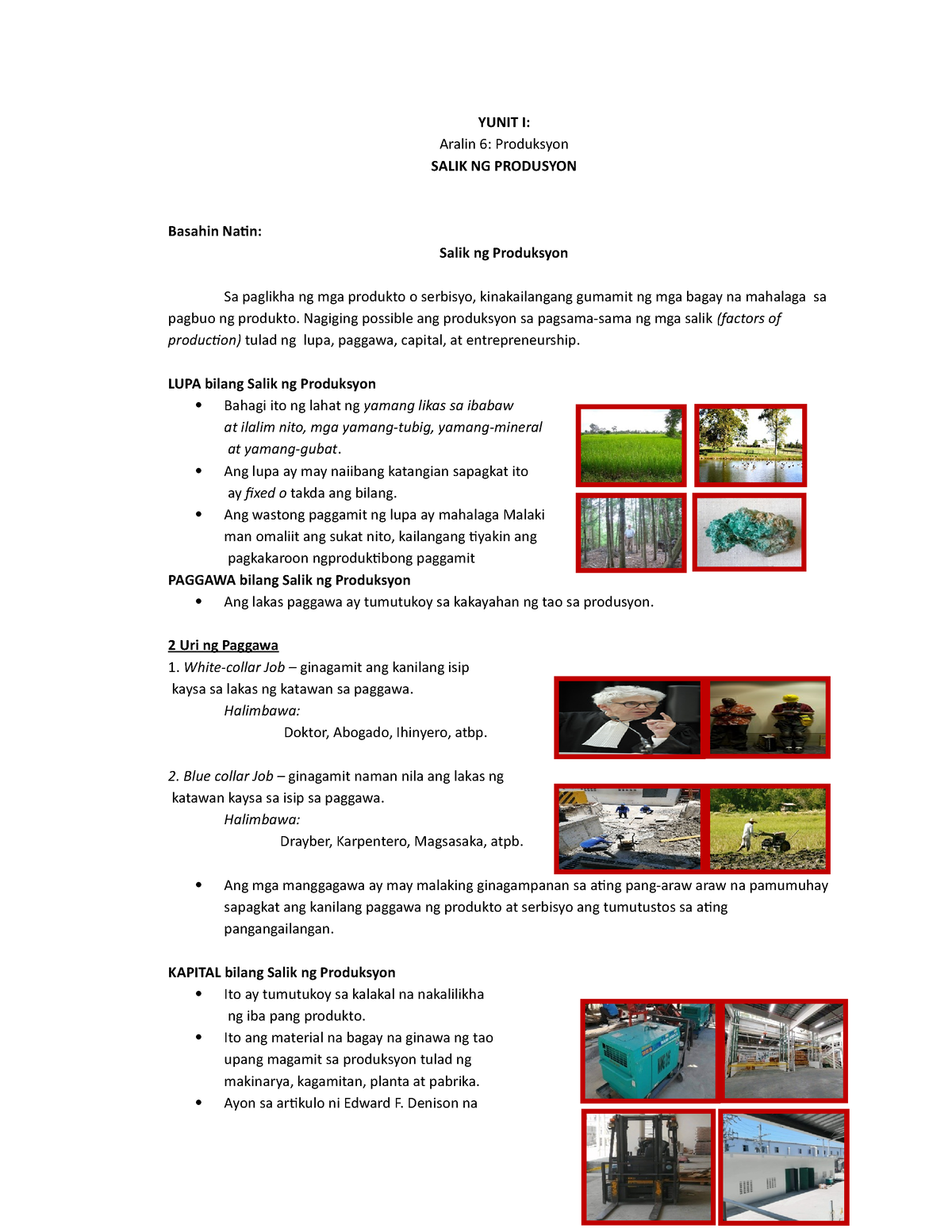 Salik Ng Produksiyon - Lecture Notes By Ms. Tanya - YUNIT I: Aralin 6 ...