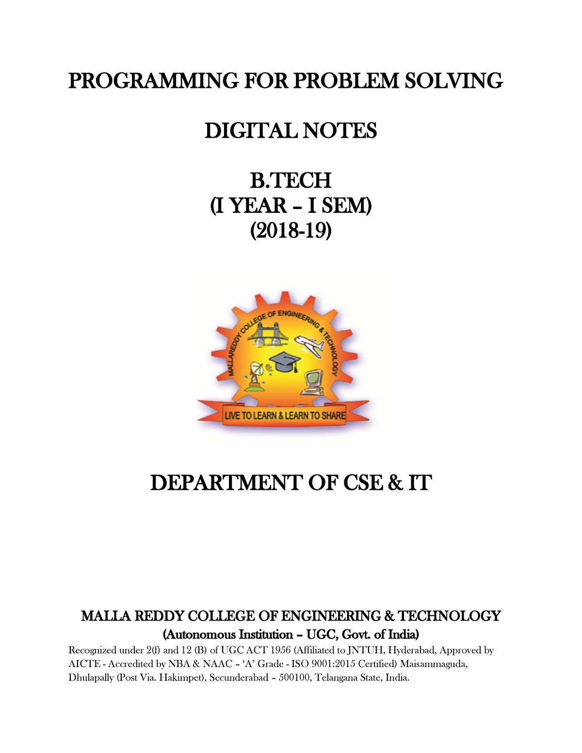 programming for problem solving using c notes jntuk