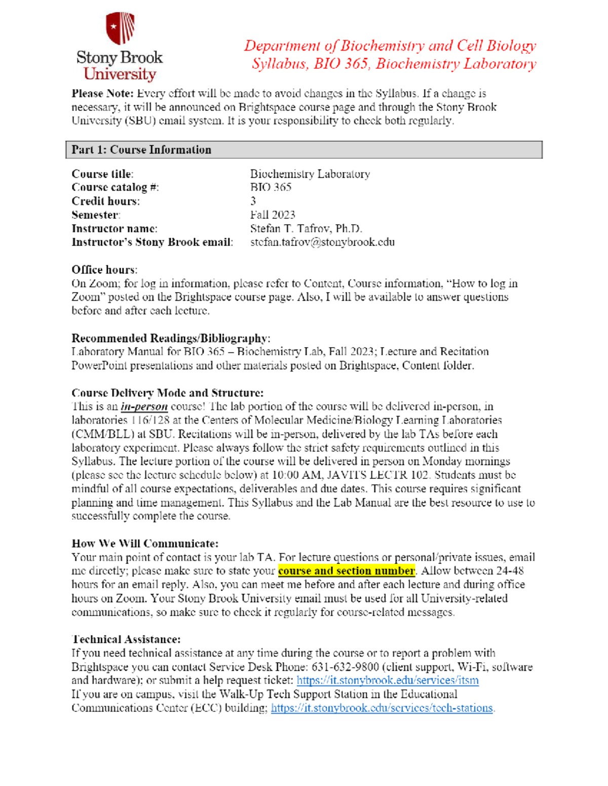 BIO 365 Syllabus Fall 2023 - 08-03-2023 -BIO 365.L07 Biochemistry ...