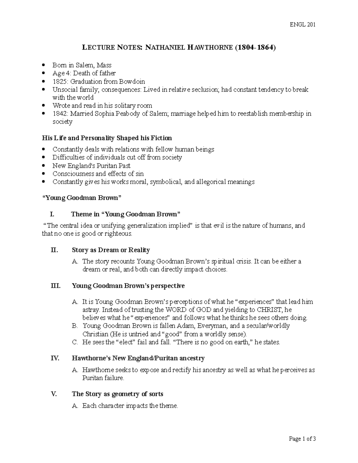 Lecture Notes Nathaniel Hawthorne - ENGL 201 LECTURE NOTES: NATHANIEL ...