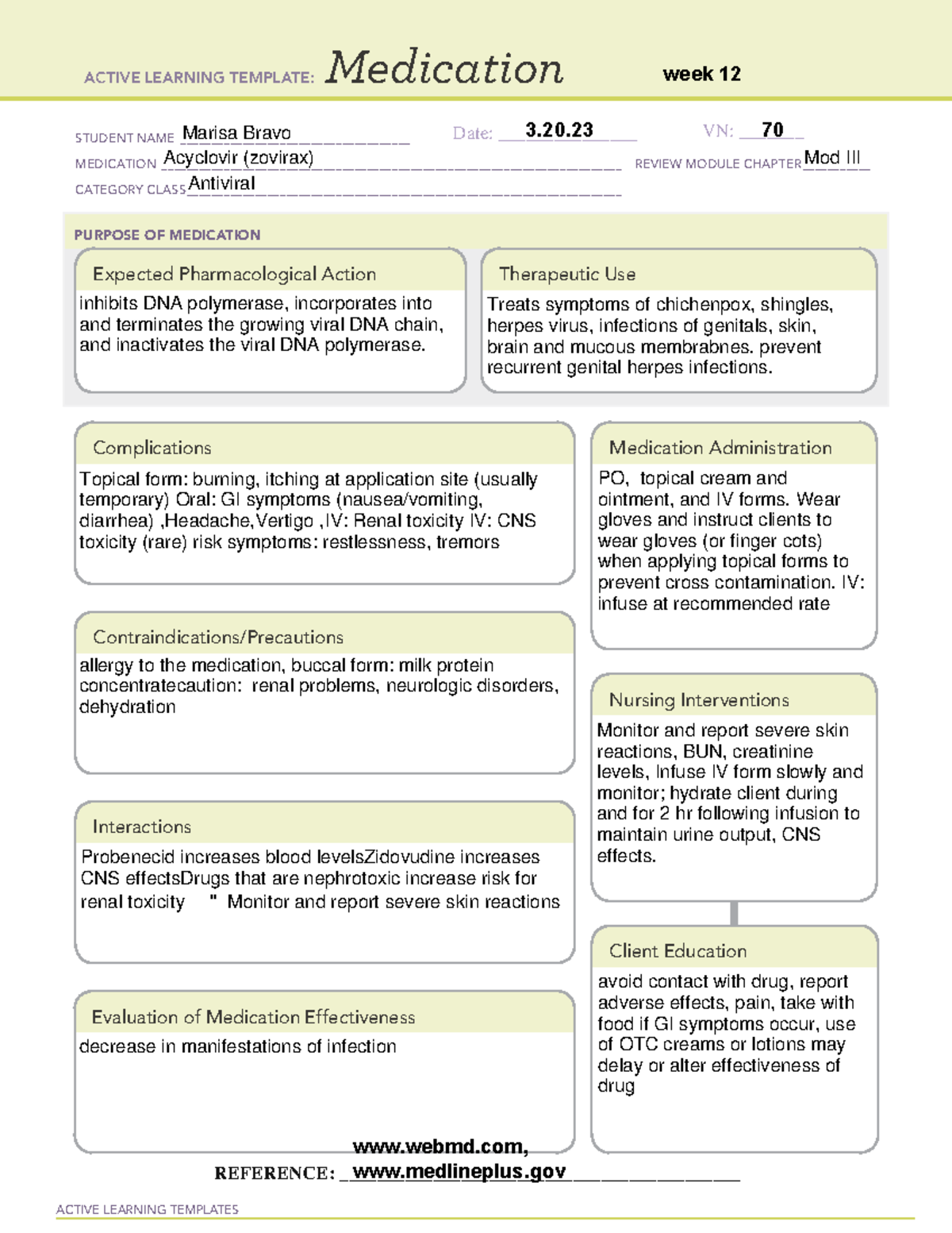 Acyclovir medcard week12 - ACTIVE LEARNING TEMPLATES Medication STUDENT ...