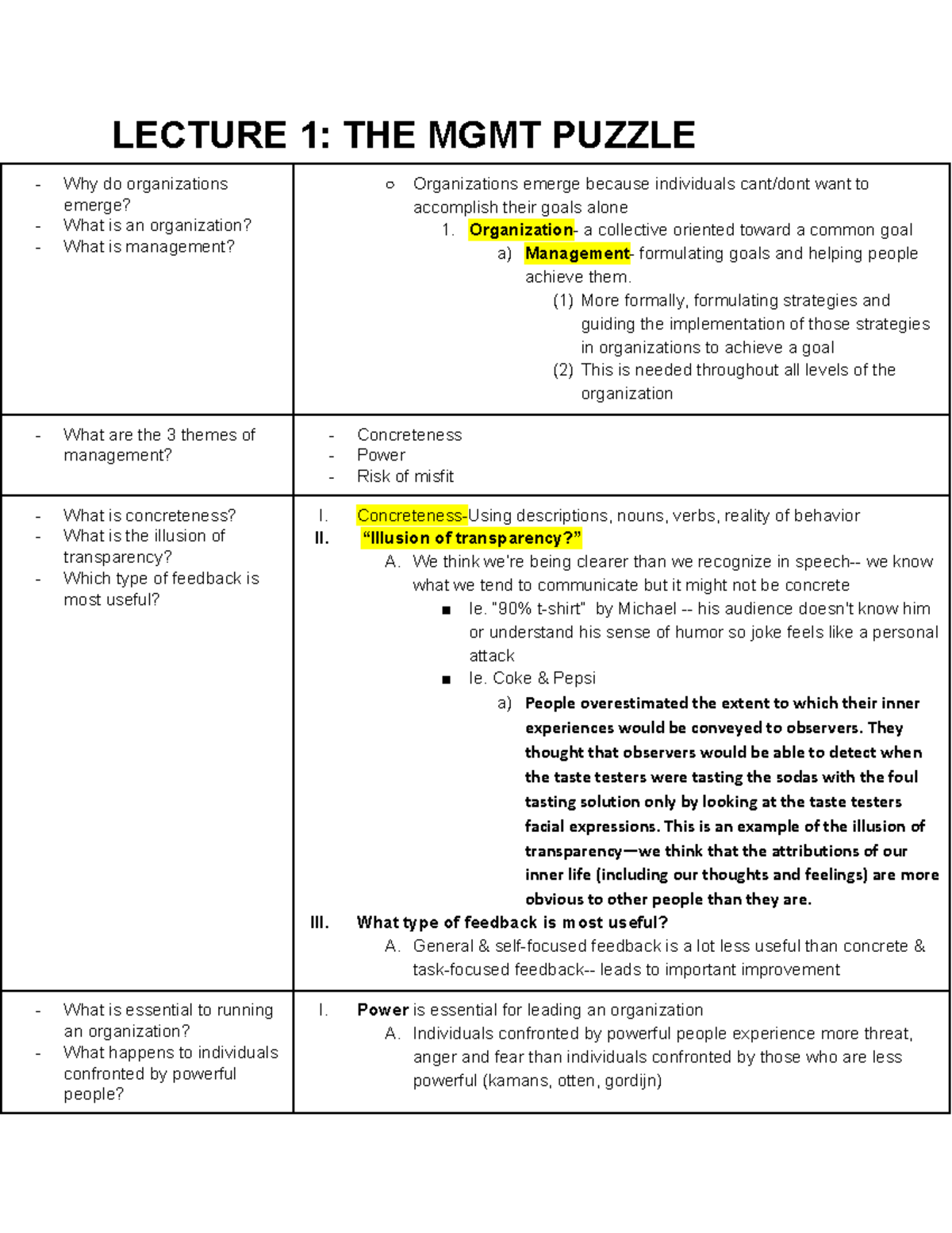 MGMT 101 Study Guide 2 - Summary Mgmt - LECTURE 1: THE MGMT PUZZLE Why ...