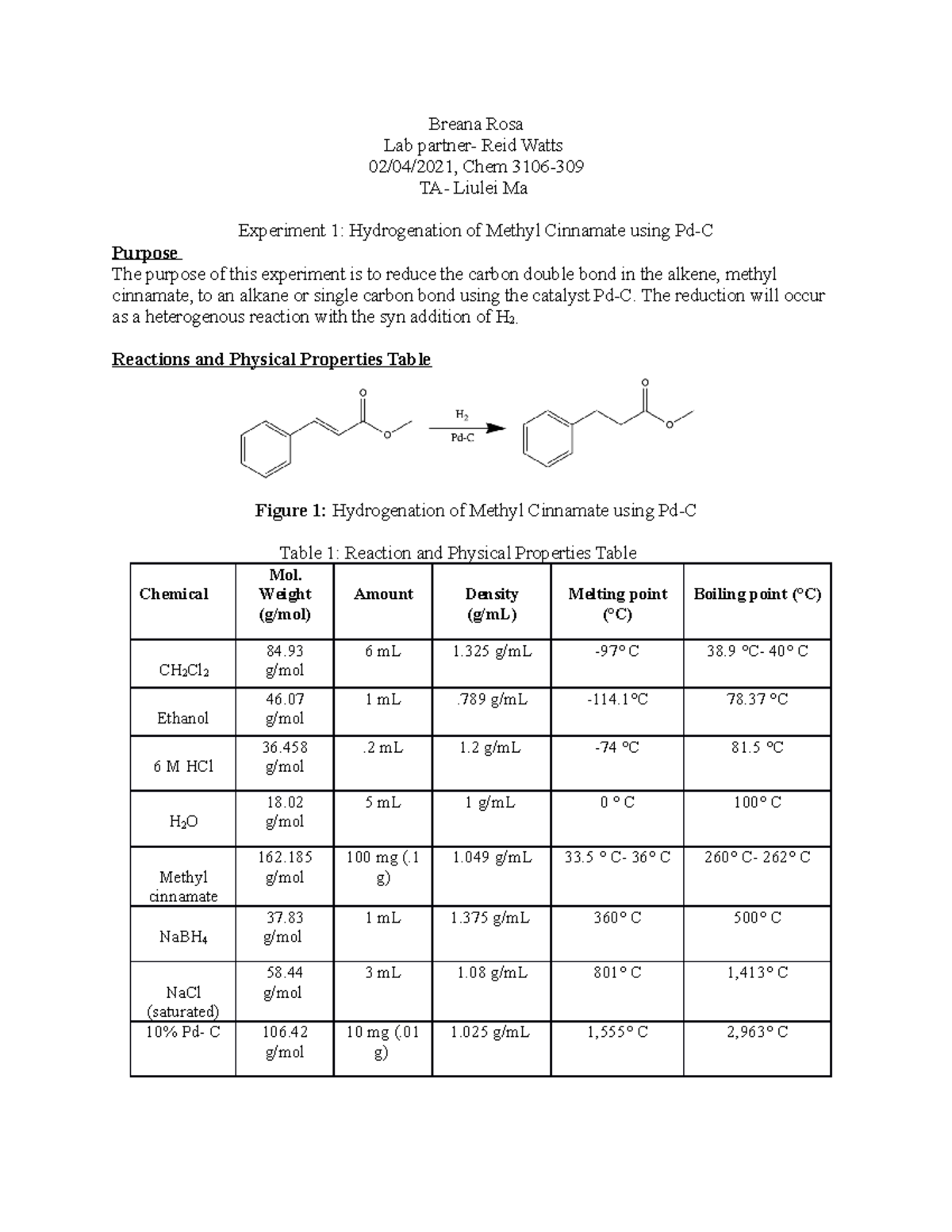 Ochem 3106 Experiment 1 Lab Report Breana Rosa Lab Partner Reid Watts 02 04 2021 Chem 3106 Ochem 3106 Experiment 1 Lab Report Breana Rosa Lab Partner Reid Watts 02 04 2021 Chem 3106