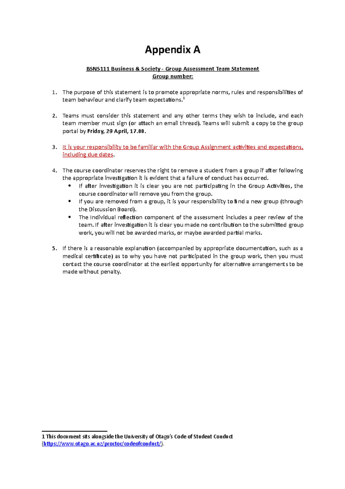 Team Statement - Appendix A BSNS111 Business & Society - Group ...