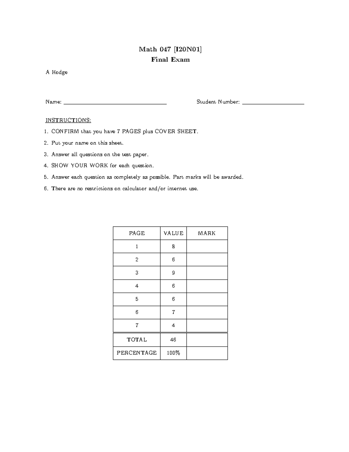Math 067 Precalculus 12 Assignment 1 First test of the class to see if ...