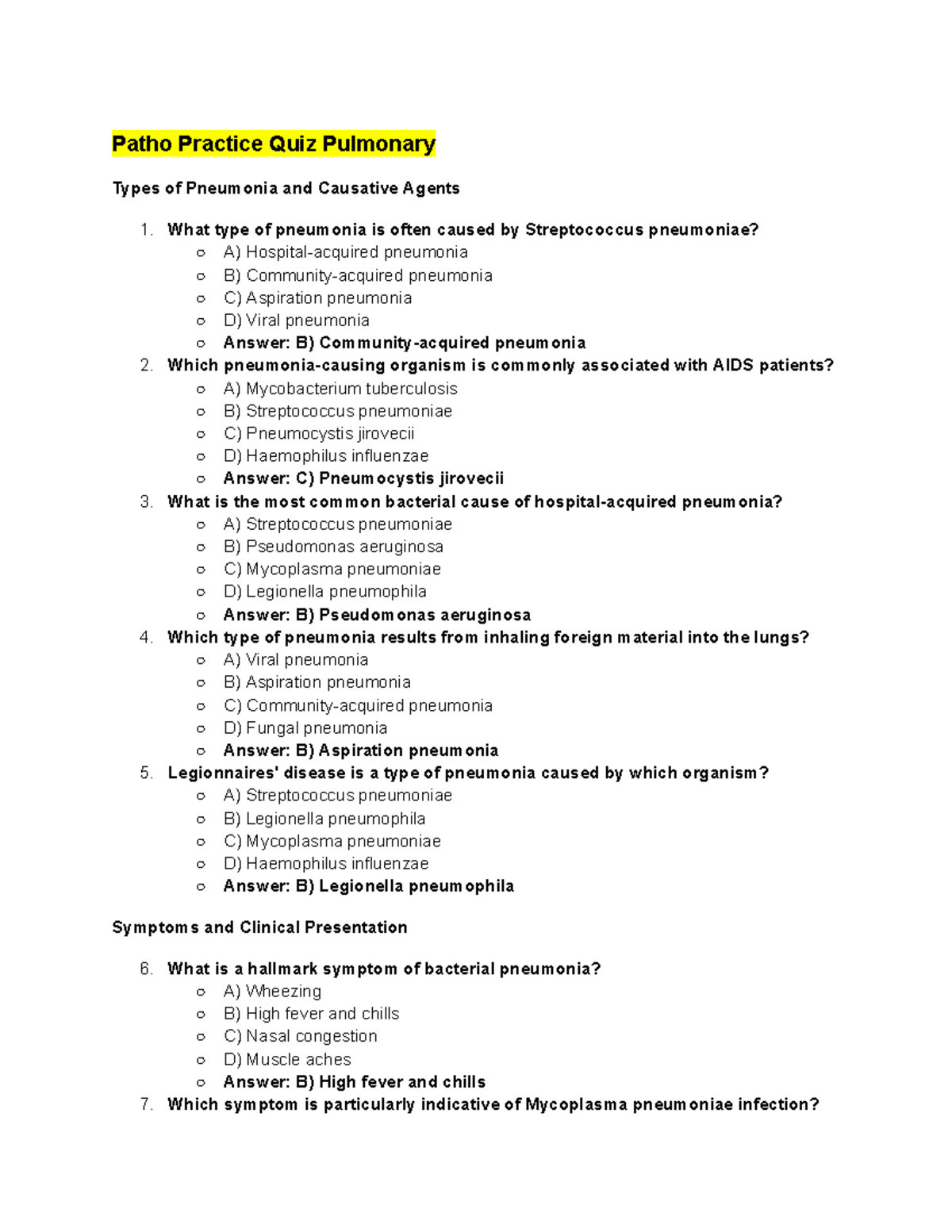 Types of Pneumonia and Causative Agents - Patho Practice Quiz Pulmonary ...