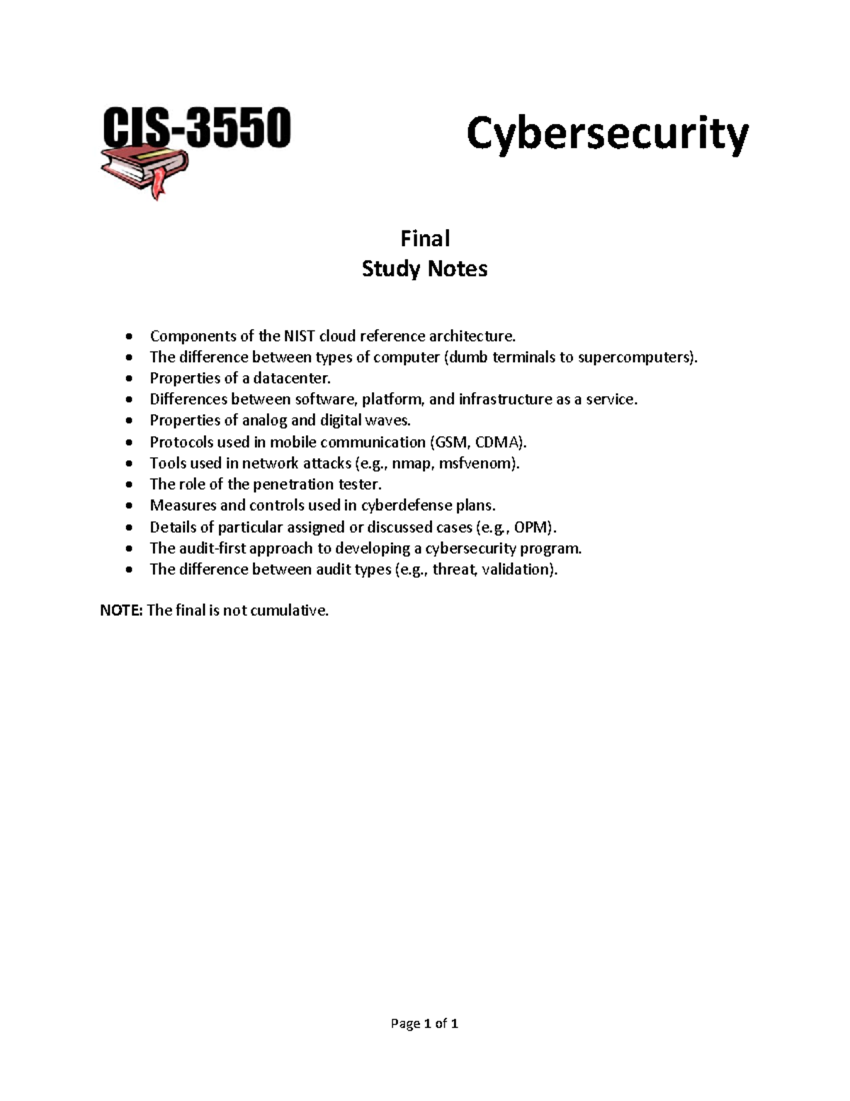 Final Study Guide - CyberSecurity - Cybersecurity Final Study Notes ...