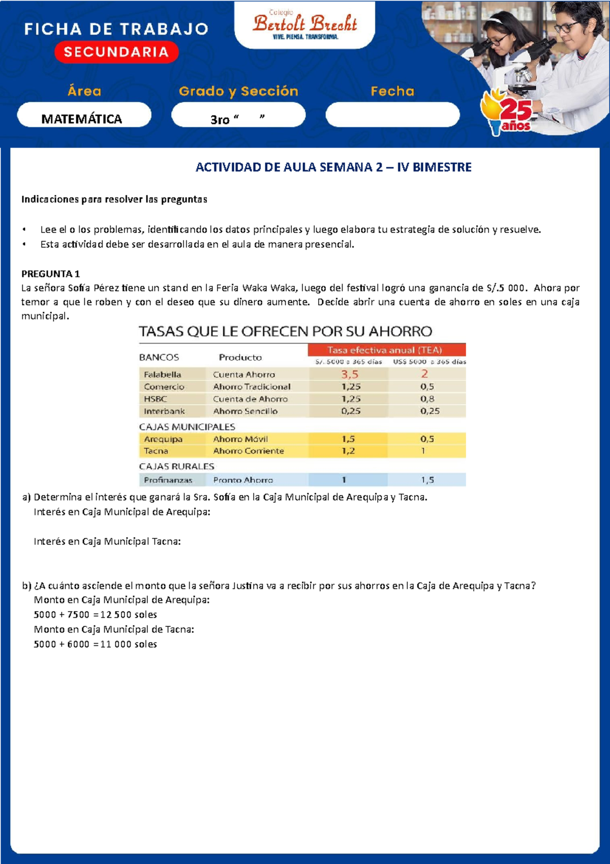 Matemática ACT AULA 3TO AÑO IV BIM - ACTIVIDAD DE AULA SEMANA 2 – IV ...
