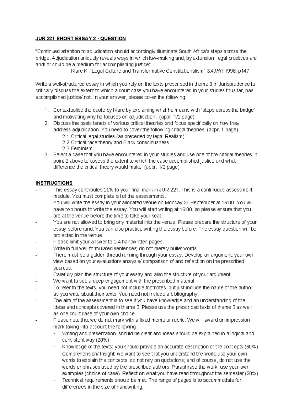 JUR short essay 2 - 25 - 2024 - JUR 221 SHORT ESSAY 2 - QUESTION ...