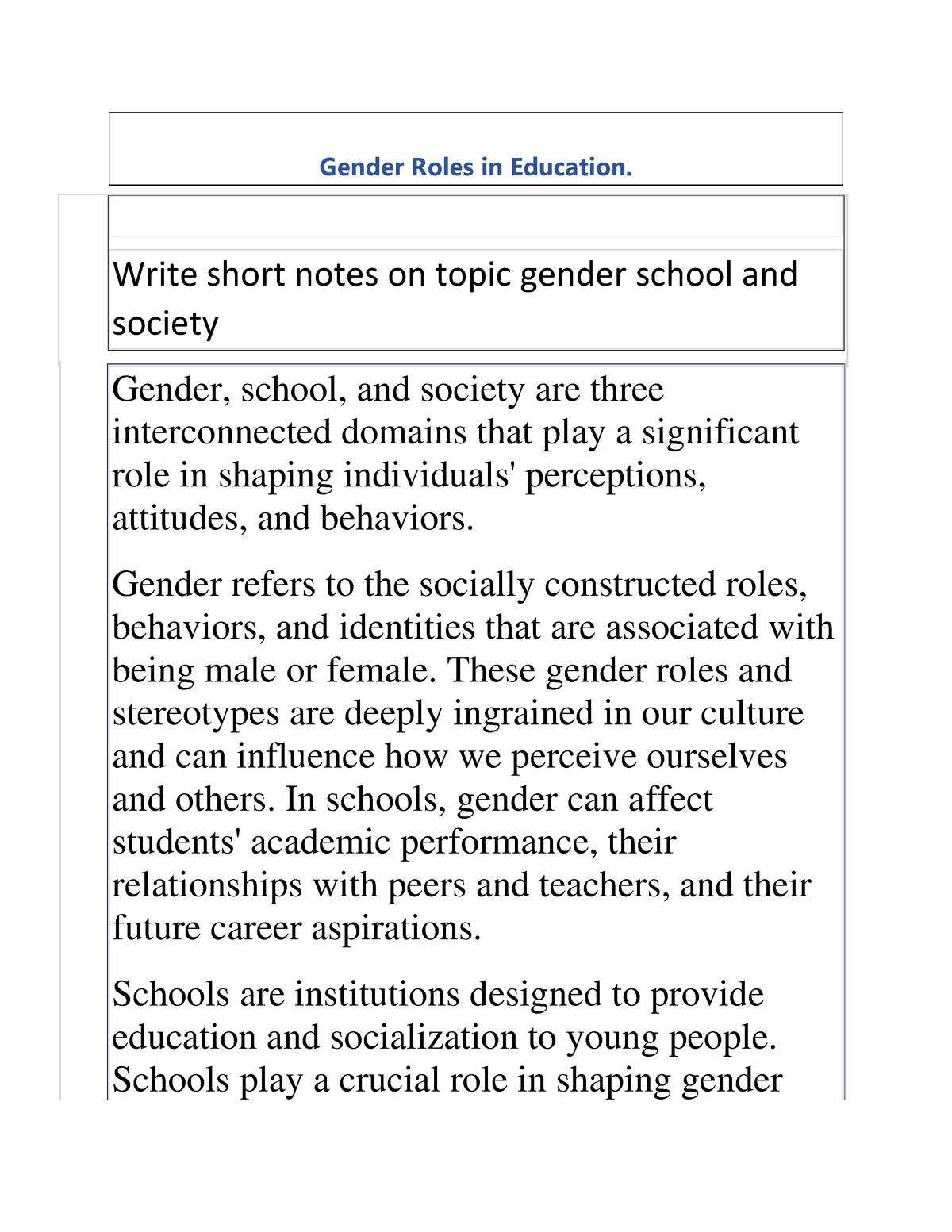 Gender 1-4 - Gender Roles In Education. Write Short Notes On Topic ...