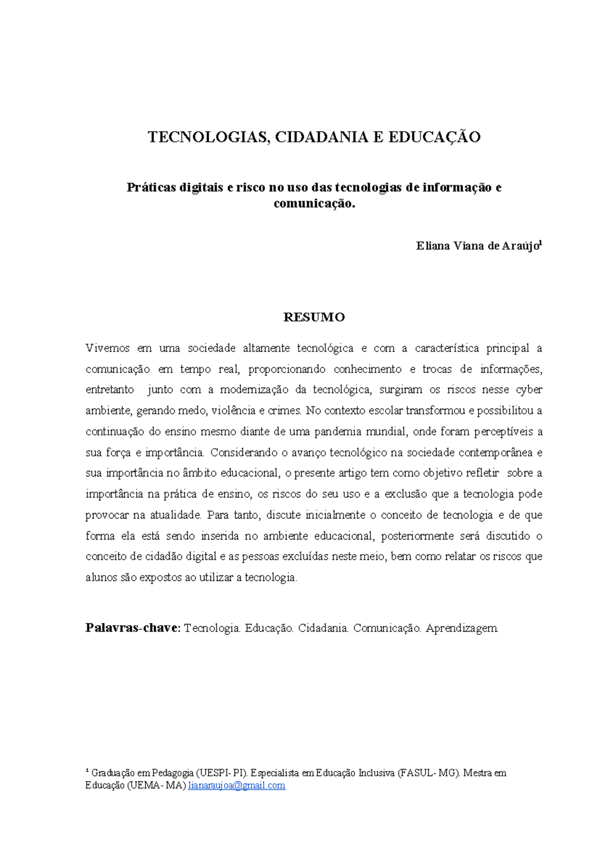 Artigo - TECNOLOGIAS, CIDADANIA E EDUCAÇÃO Práticas digitais e risco no ...