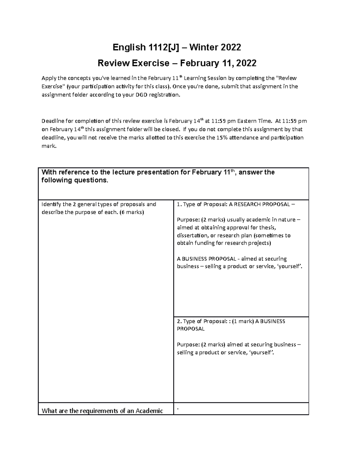 Review Exercise - February 11 - English 1112[J] – Winter 2022 Review ...