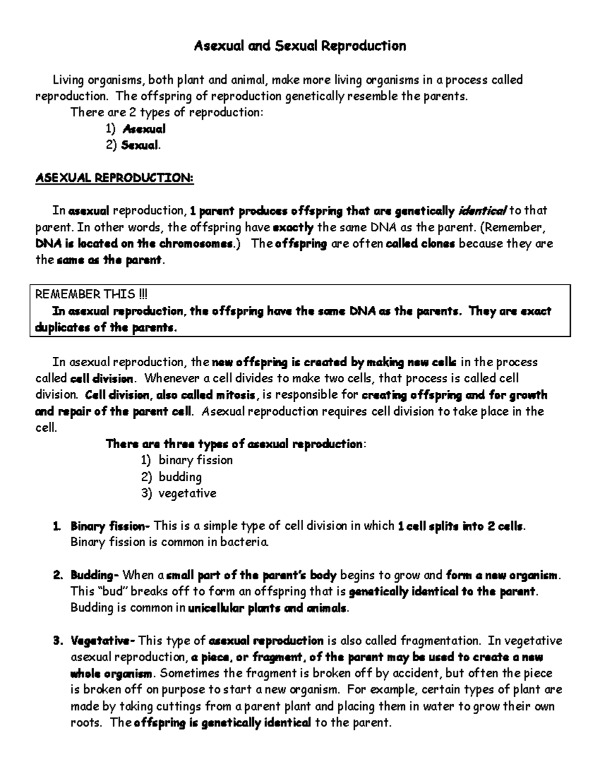 Asexual And Sexual Reproduction Asexual And Sexual Reproduction