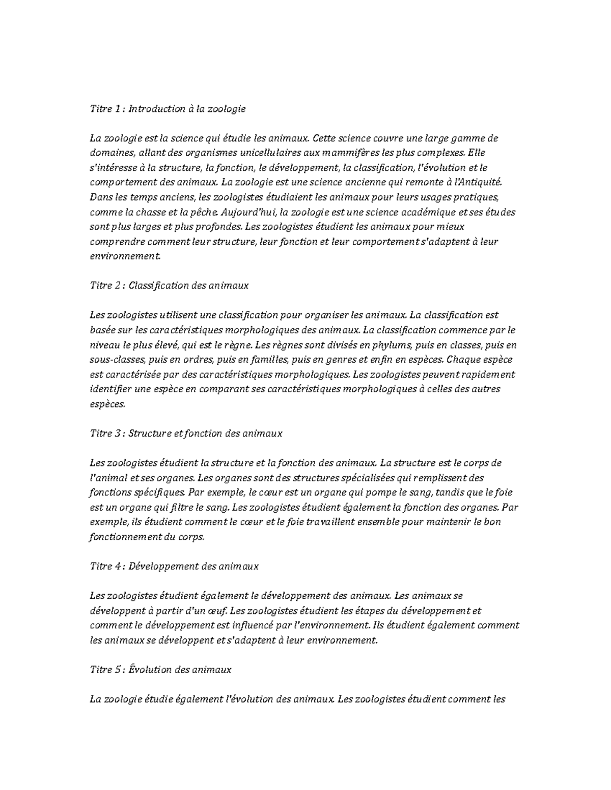 Zoology Notes De Cours - Titre 1 : Introduction à La Zoologie La 