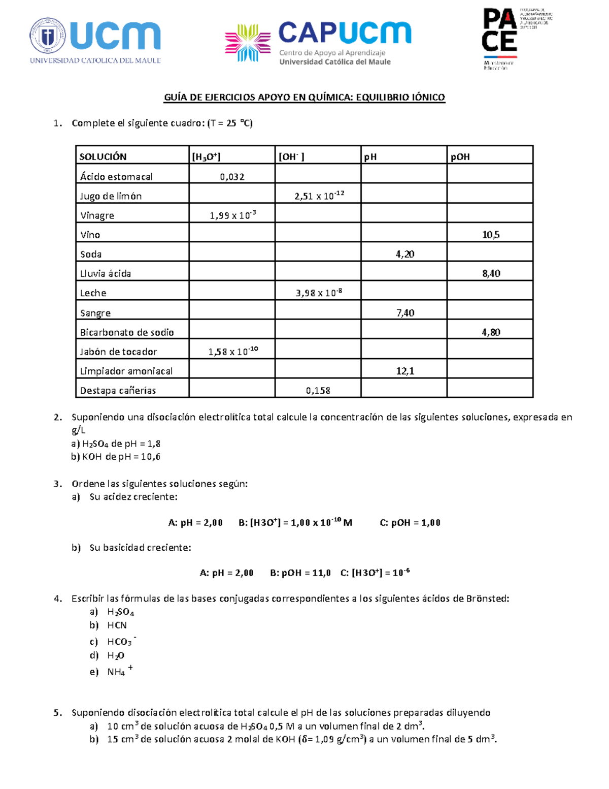 GU%C3%8DA DE Ejercicios+equilibrio+ionico p H - GUÍA DE EJERCICIOS ...