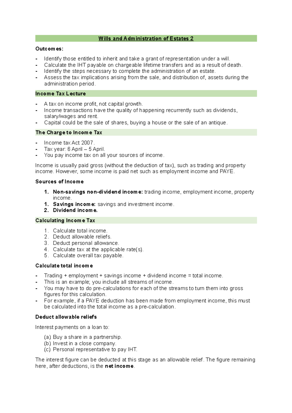 Wills and Administration of Estates 2 Calculate the IHT payable on