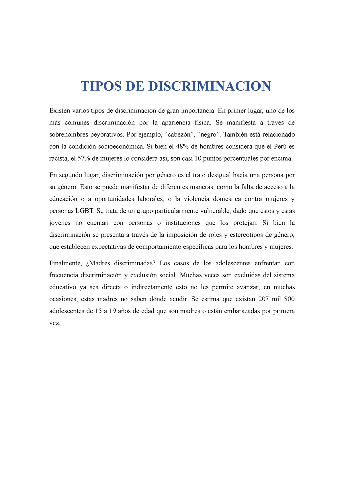 Tarea Académica 1 - DISCRIMINACIÓN - TIPOS DE DISCRIMINACION Existen ...