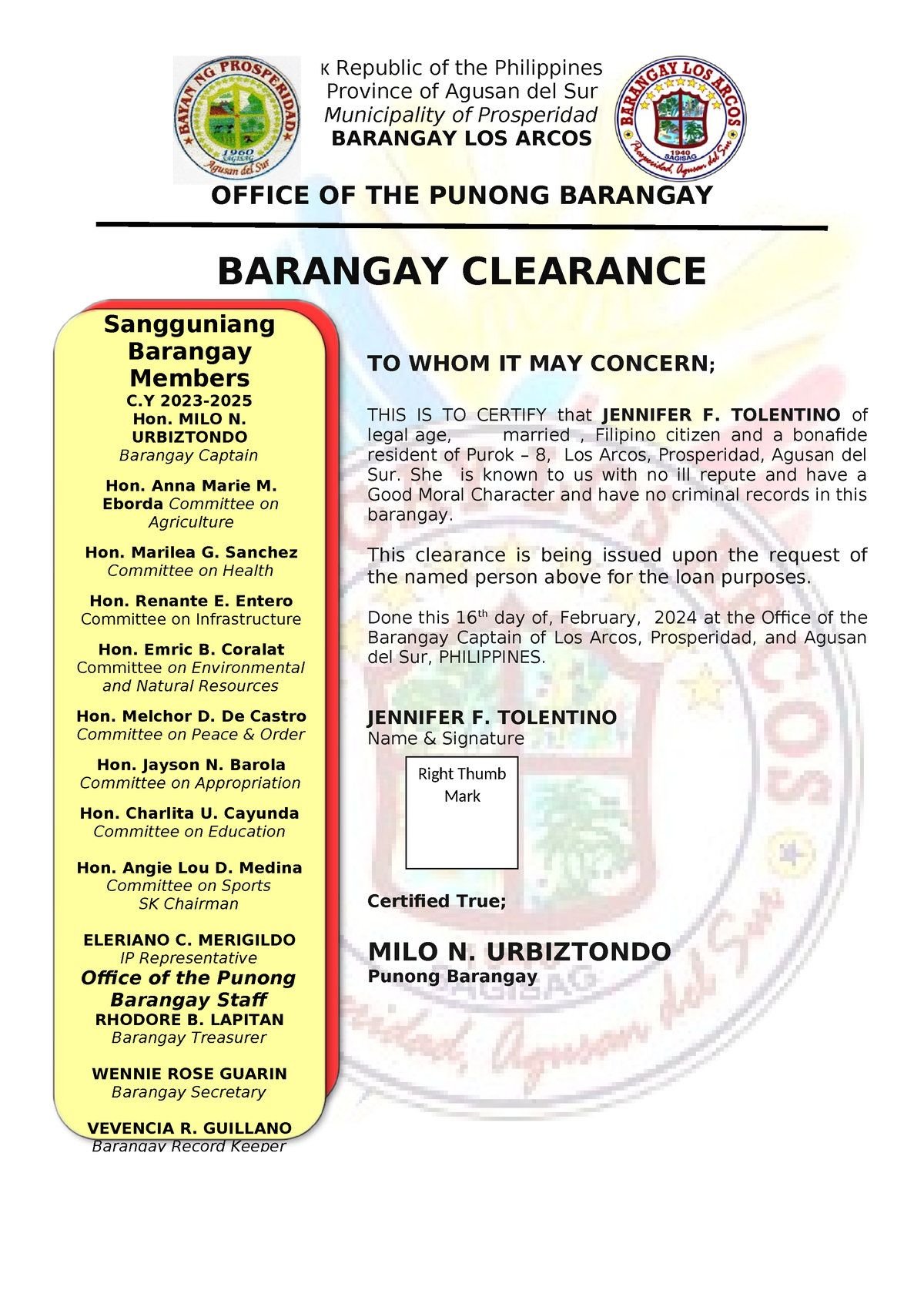 Brgy. Clearance Ojt - Heeel - K Republic Of The Philippines Province Of 