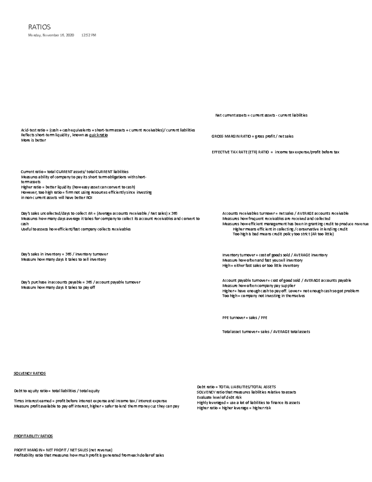 ALL Ratios - for quick reference (cheatsheet) - - Studocu