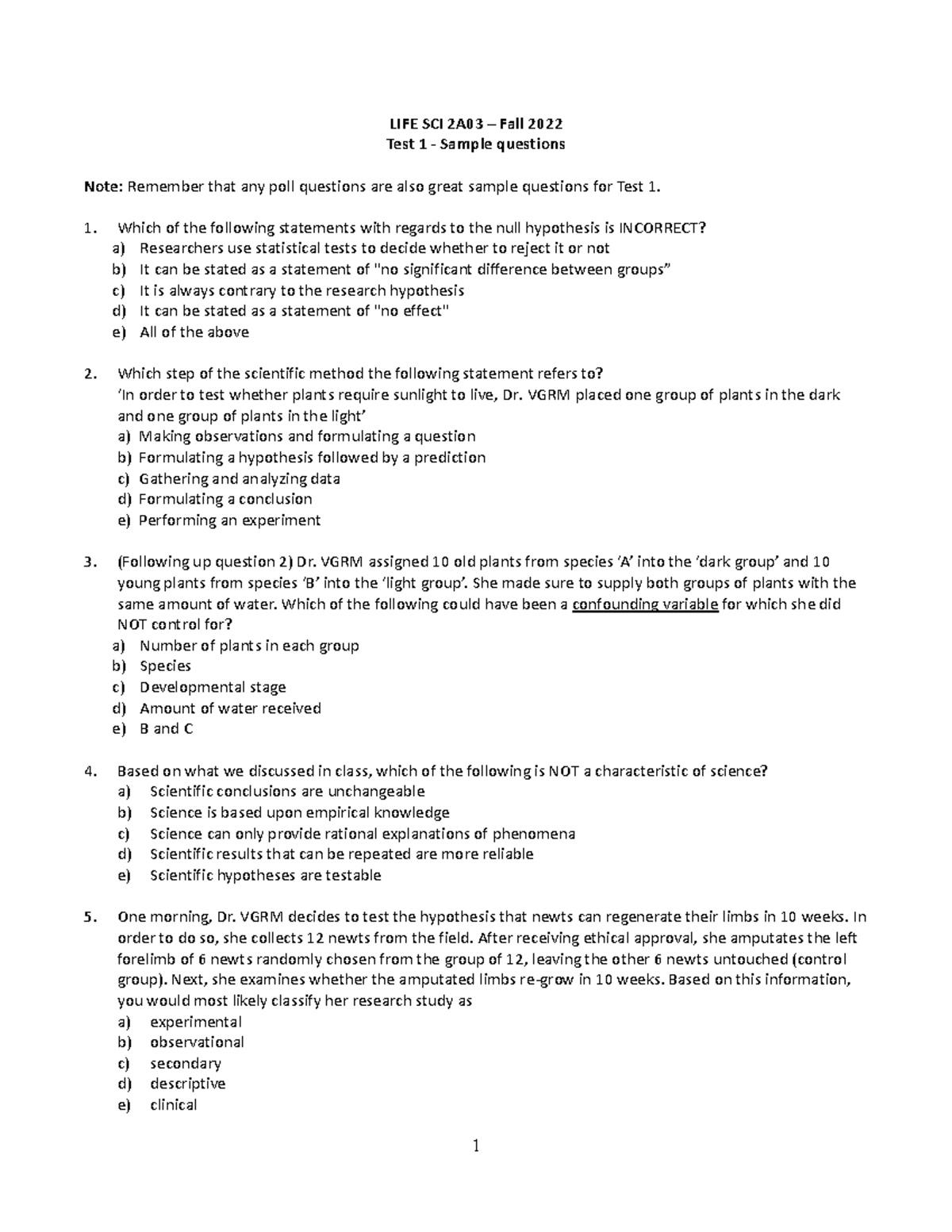 LS2A03 F2022 Test1 Sample Qs 1 LIFE SCI 2A03 Fall 2022 Test 1