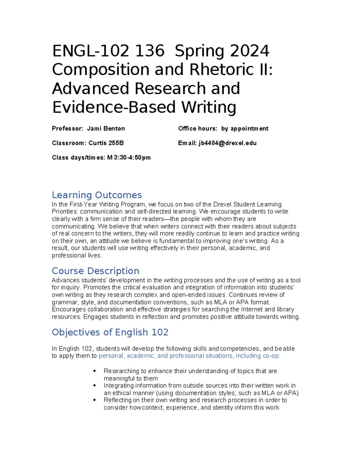 ENGL 102 136 Syllabus Sp 2024 Benton - ENGL-102 136 Spring 2024 ...