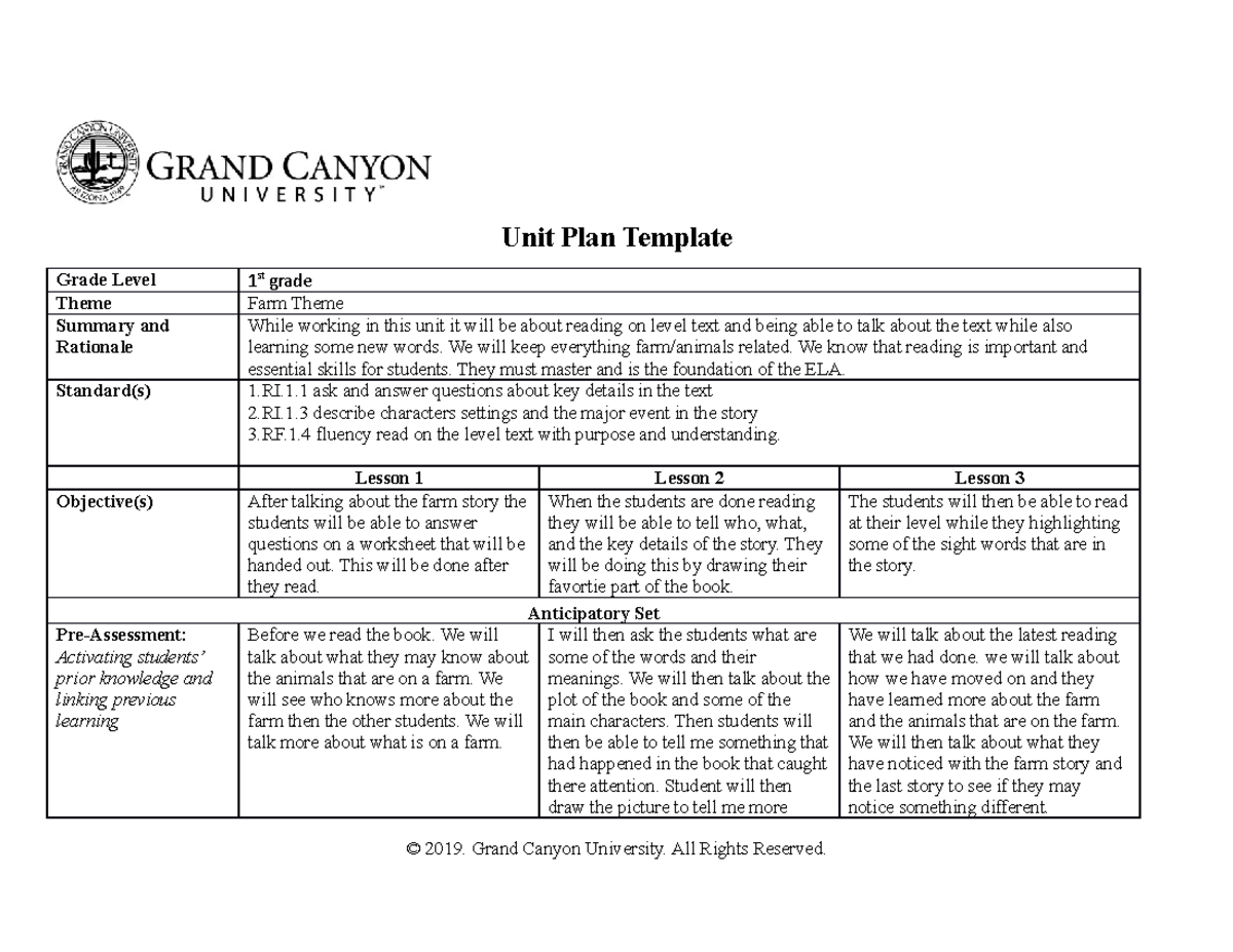 ECE450 unit plan a plan that you will do unit on . Unit Plan Template Grade Level 1 st