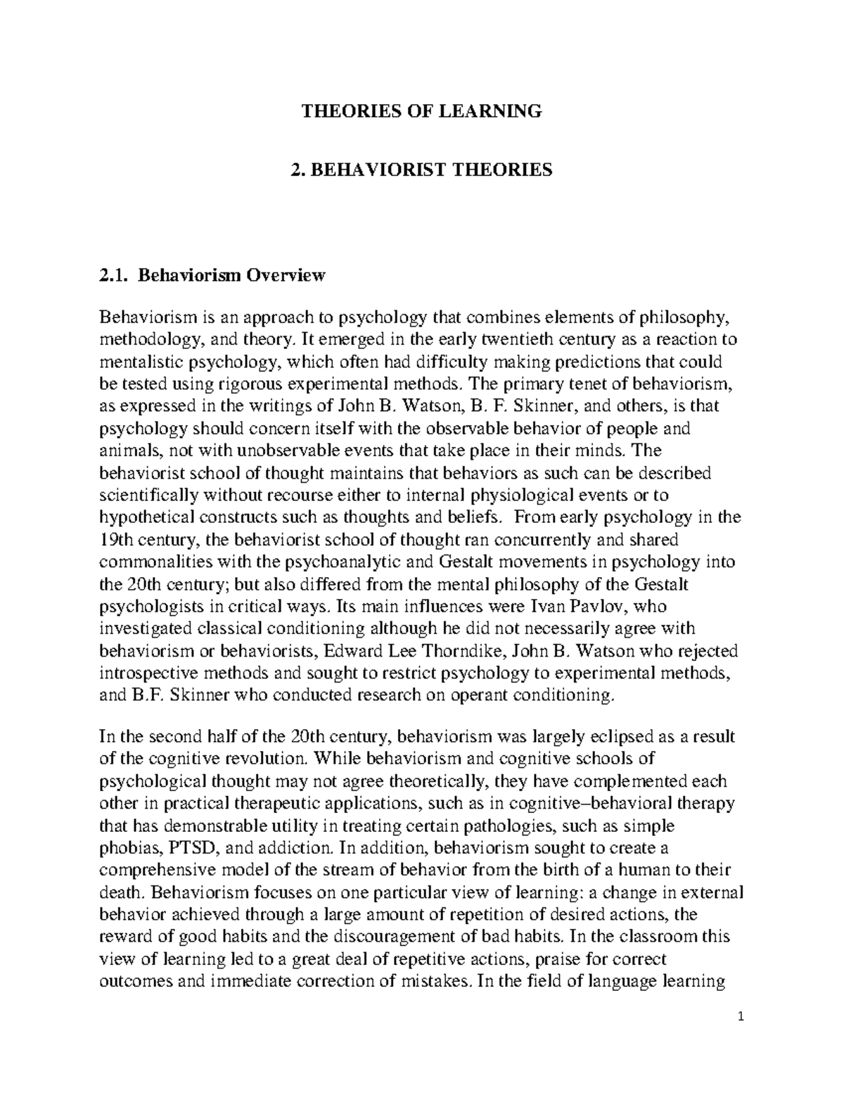 Behaviorism - Reference - THEORIES OF LEARNING 2. BEHAVIORIST THEORIES ...