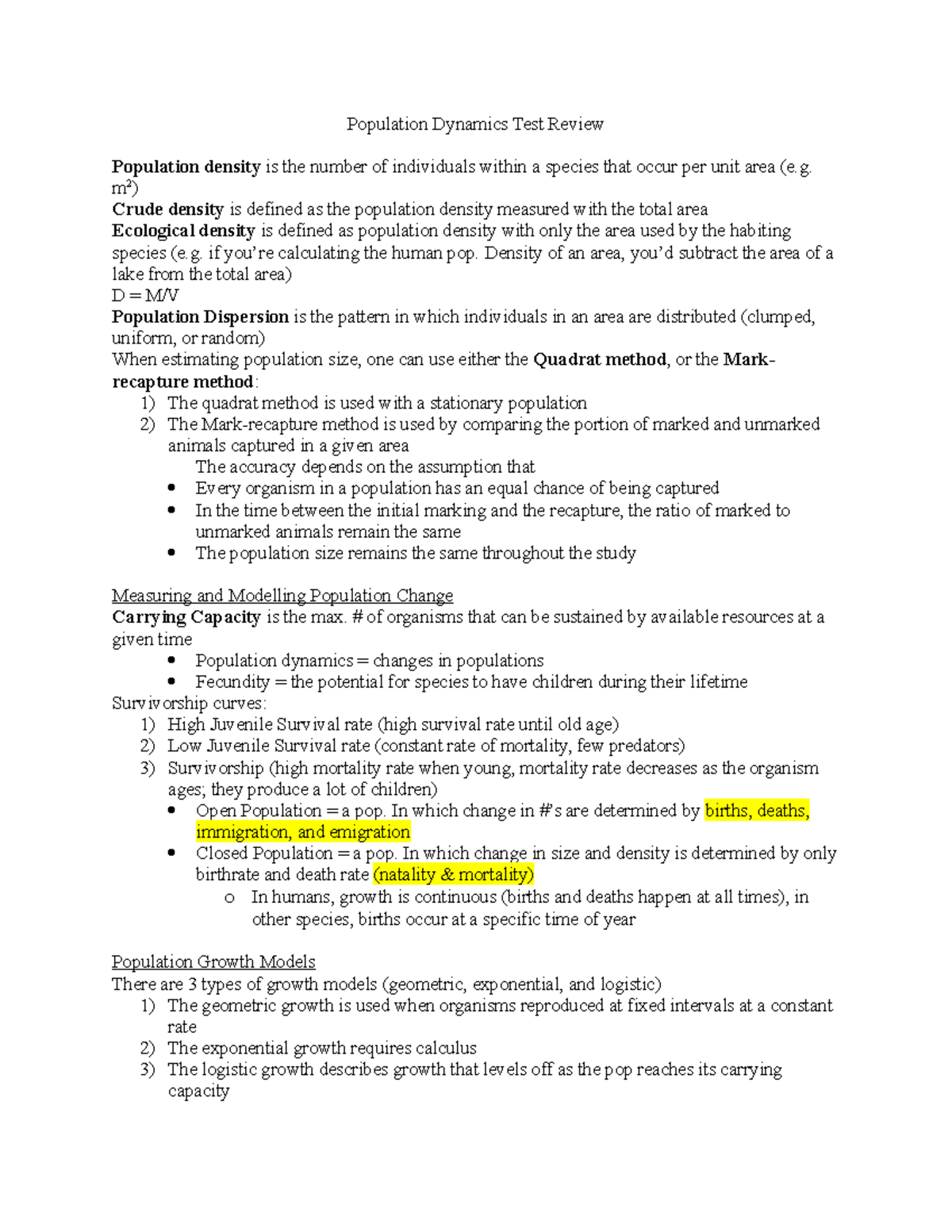 Population Dynamics Test Review Population Dynamics Test Review