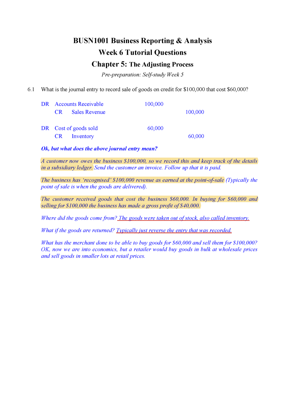 Week 6 Tutorial Solutions - Business Reporting And Analysis - BUSN1001 ...