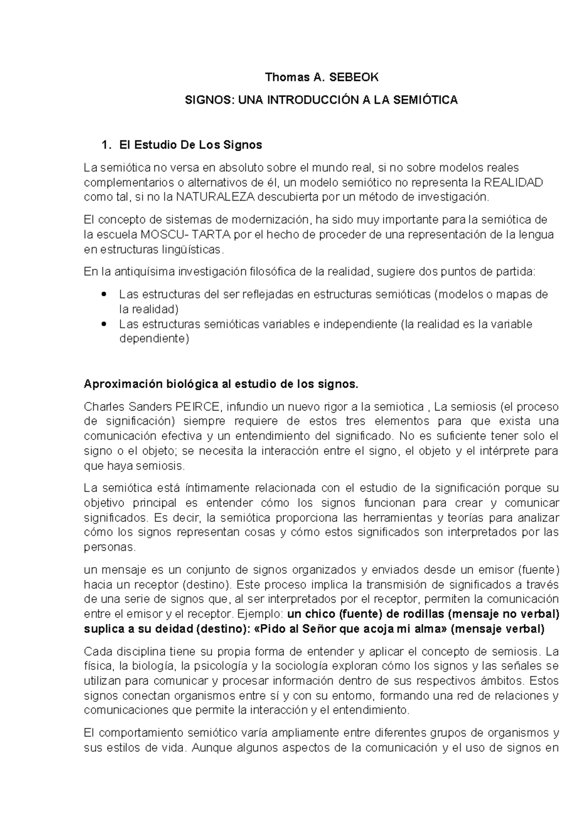 Resumen Texto Sebeok - Thomas A. SEBEOK SIGNOS: UNA INTRODUCCIÓN A LA ...