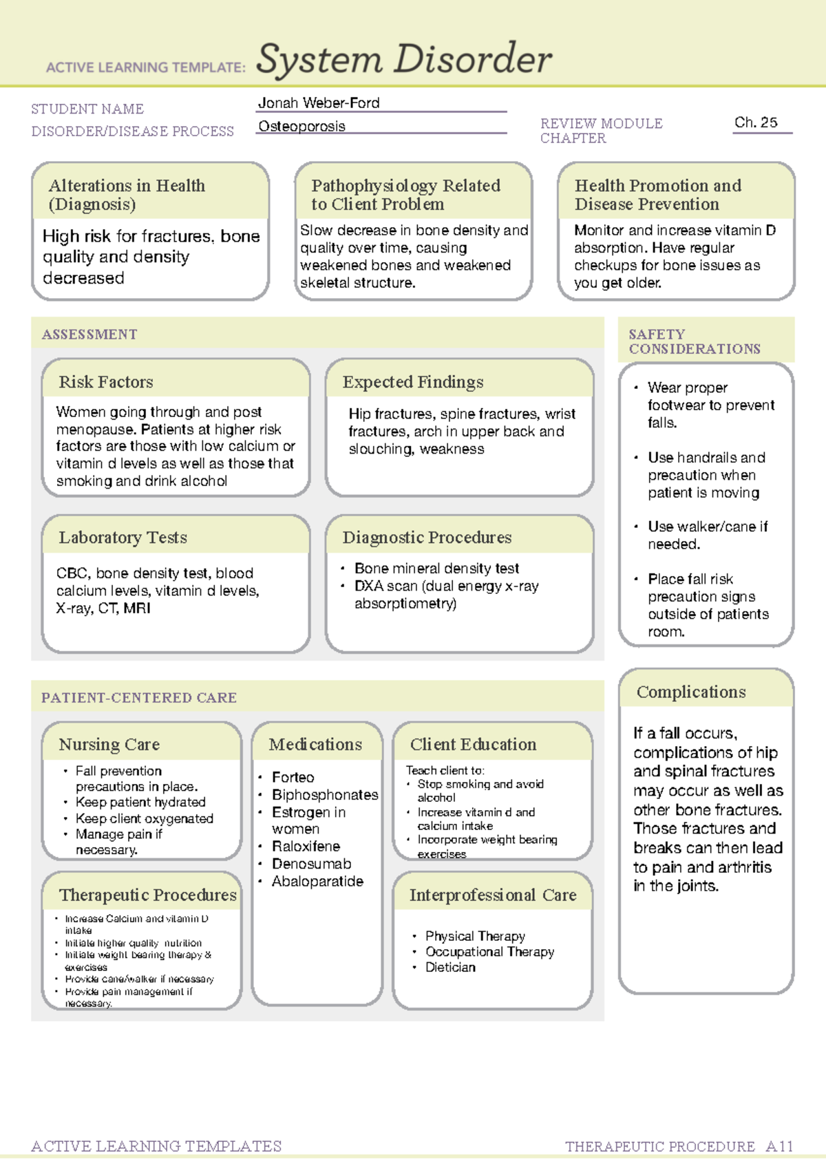 System Disorder (Osteoporosis) - STUDENT NAME DISORDER/DISEASE PROCESS ...