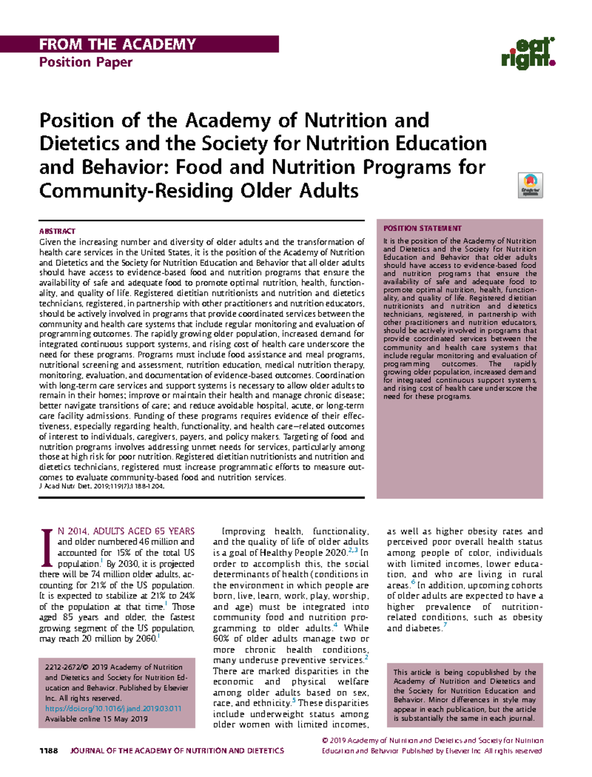 Academy Position Paper for Older Adults Food and Nutrition Programs 1 ...