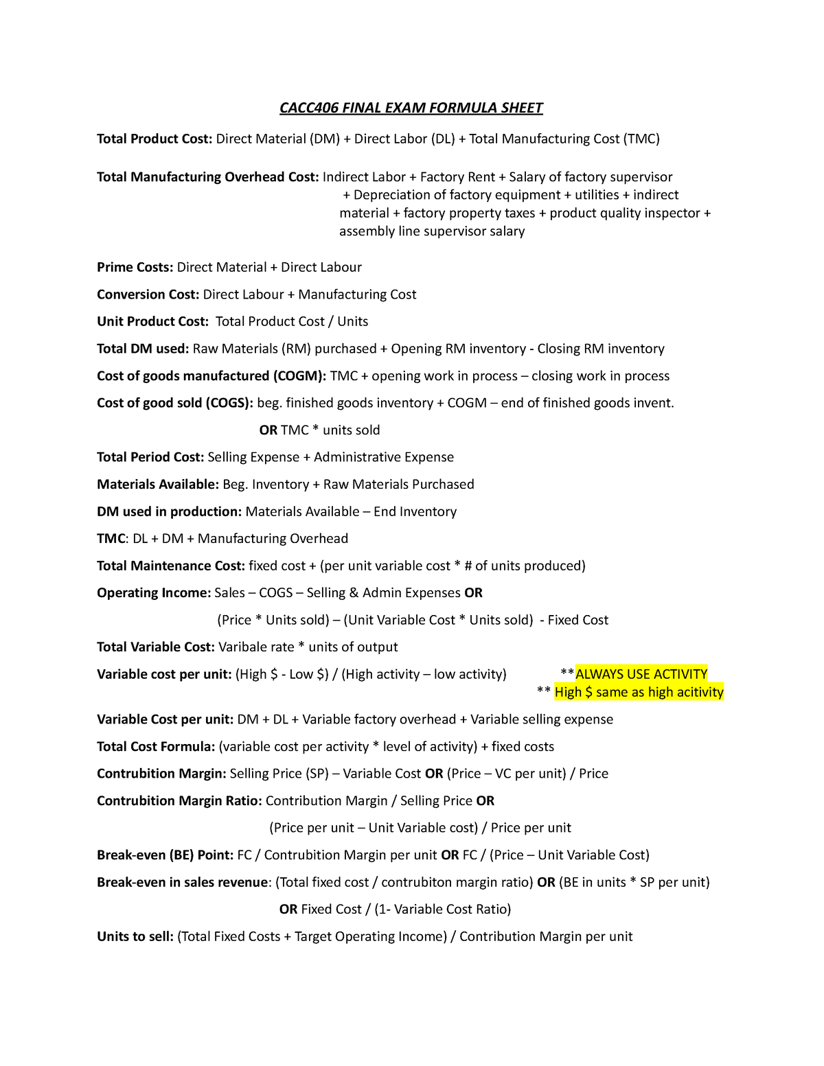 CACC406 Final EXAM Formula Sheet - ACC 406 - Toronto Met - Studocu