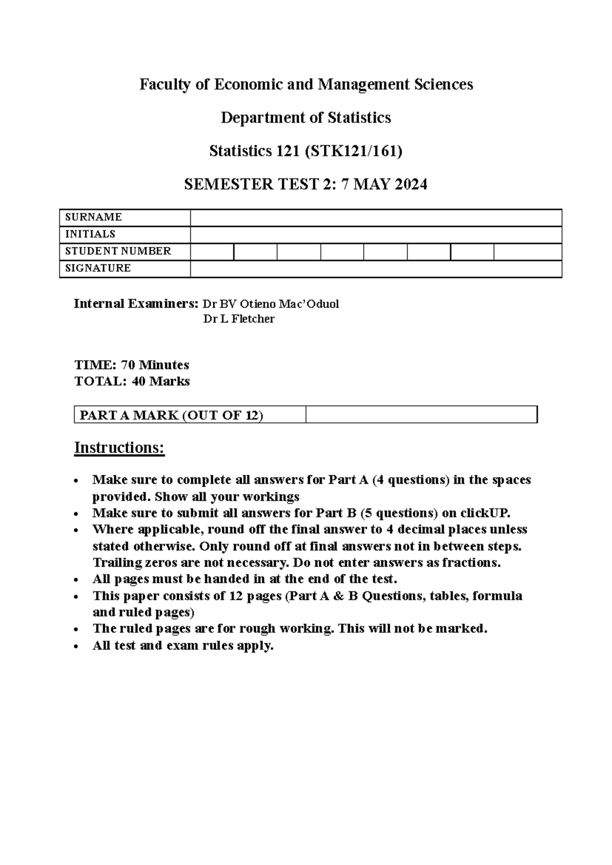 STK121 ST2 2024 MEMO - STK ST2 MEMO - Faculty of Economic and ...