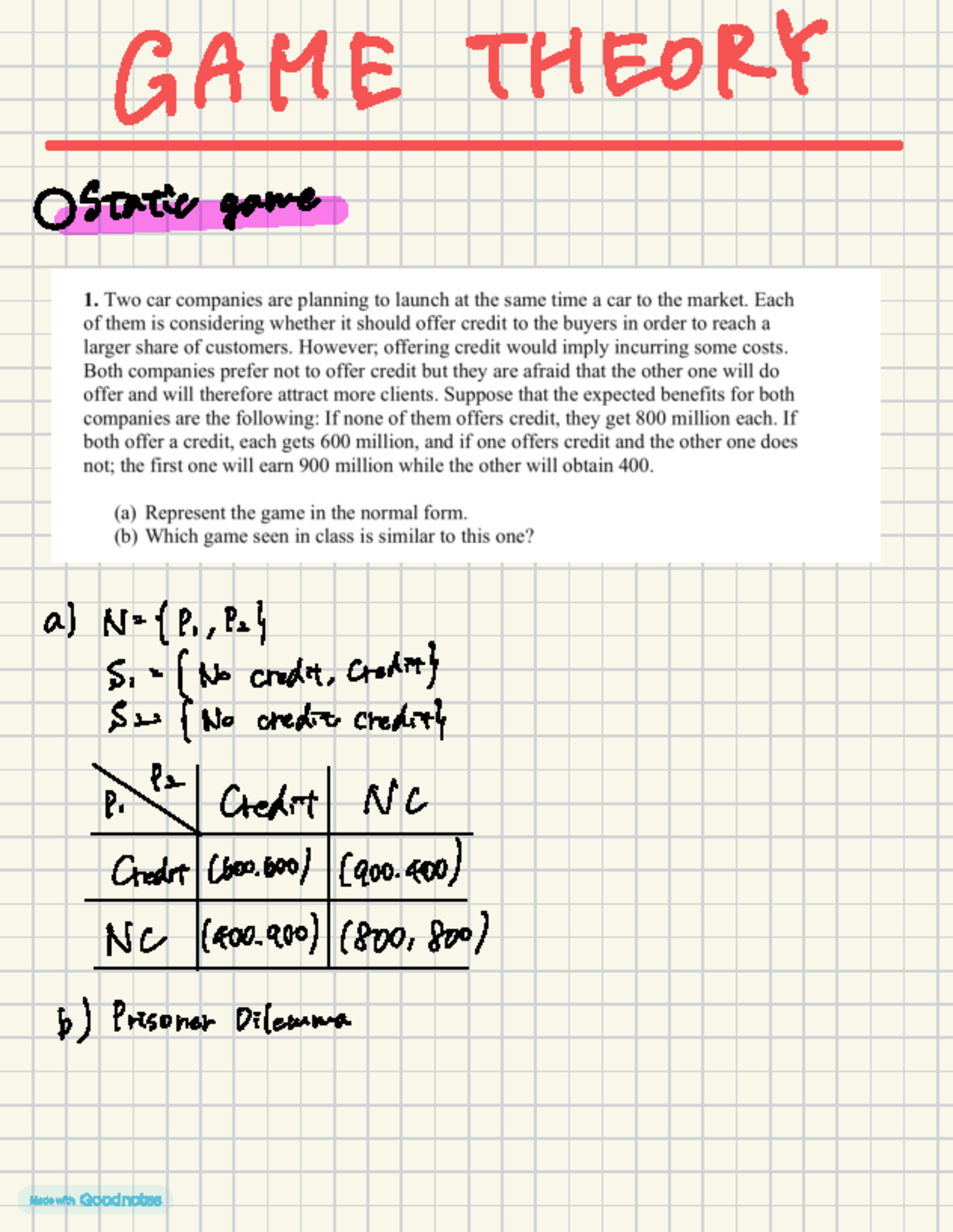 Game Theory static game ex.1-5 - GAME THEORY Static game a) N
