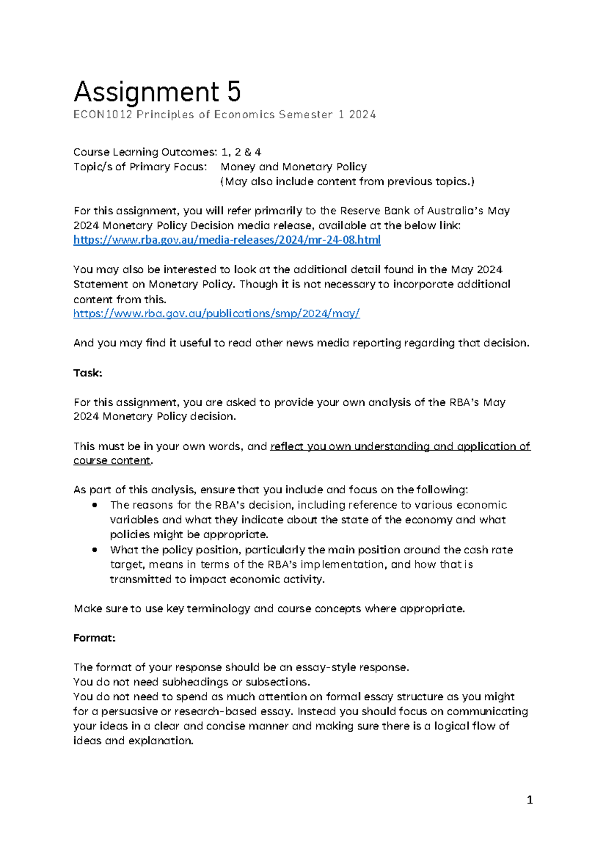 Assignment 5 - ECON - 1 Assignment 5 ECON1012 Principles of Economics ...