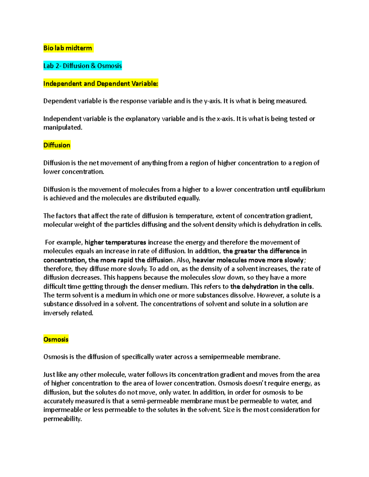 Bio lab midterm Bio lab midterm Lab 2 Diffusion & Osmosis