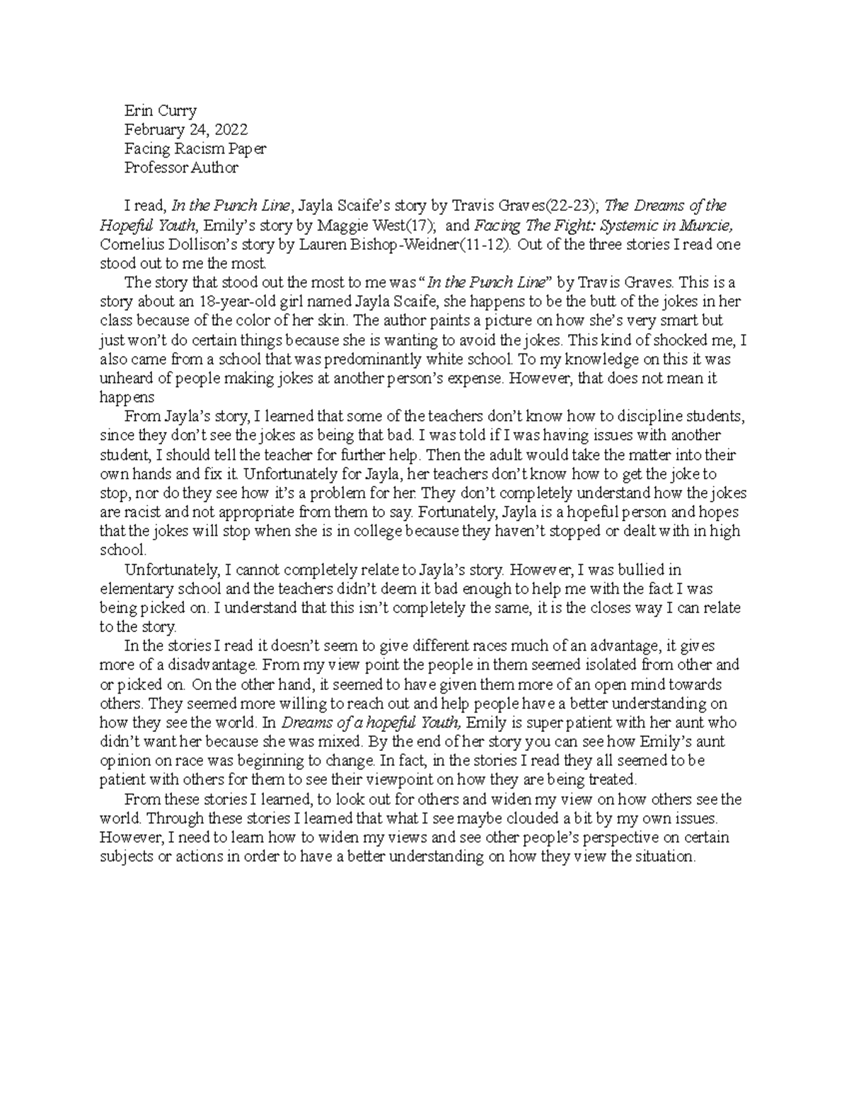 Facing rasism - lecture notes - Erin Curry February 24, 2022 Facing ...