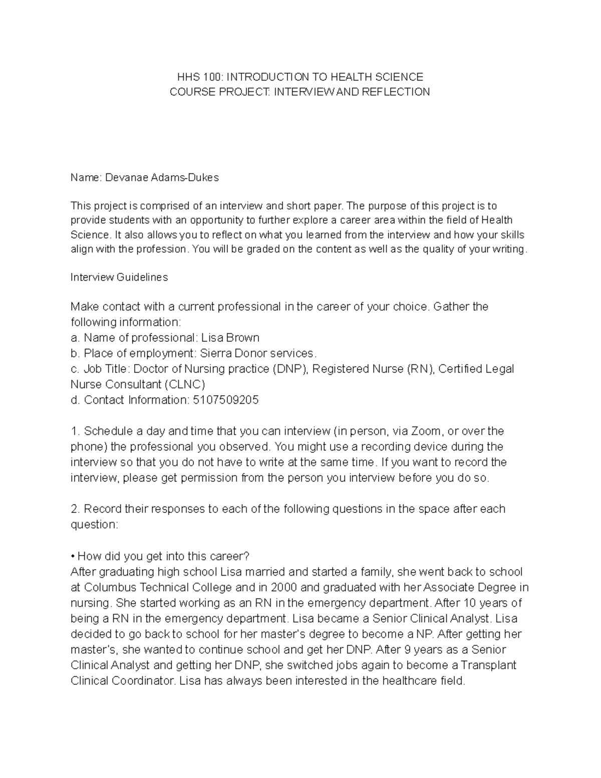 Questions interview - Good essay - HHS 100: INTRODUCTION TO HEALTH ...