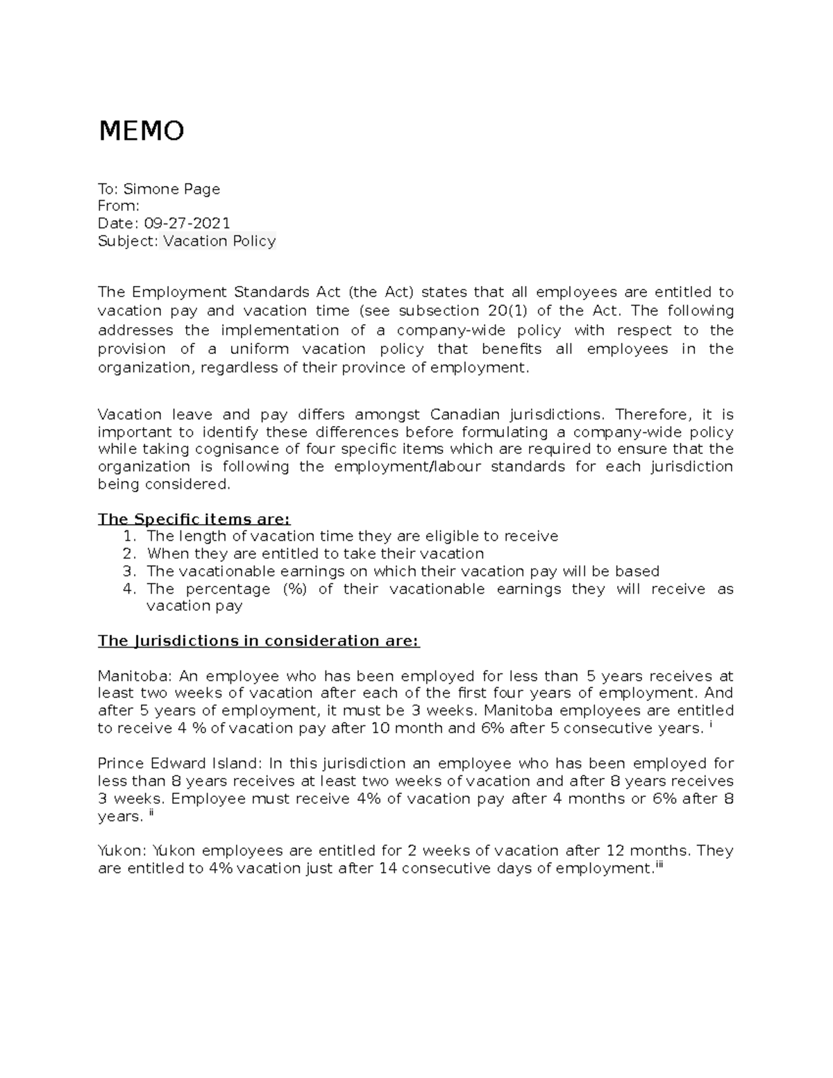Vacation Pay memo Memo MEMO To: Simone Page From: Date: 09 27