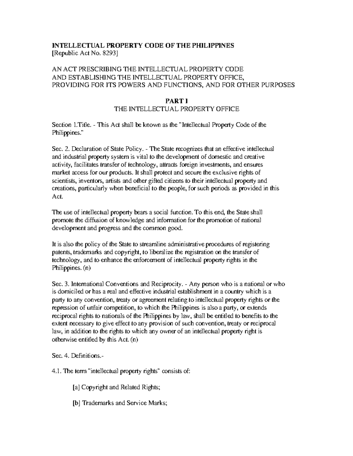 Intellectual Property CODE OF THE Philippines 1 INTELLECTUAL PROPERTY