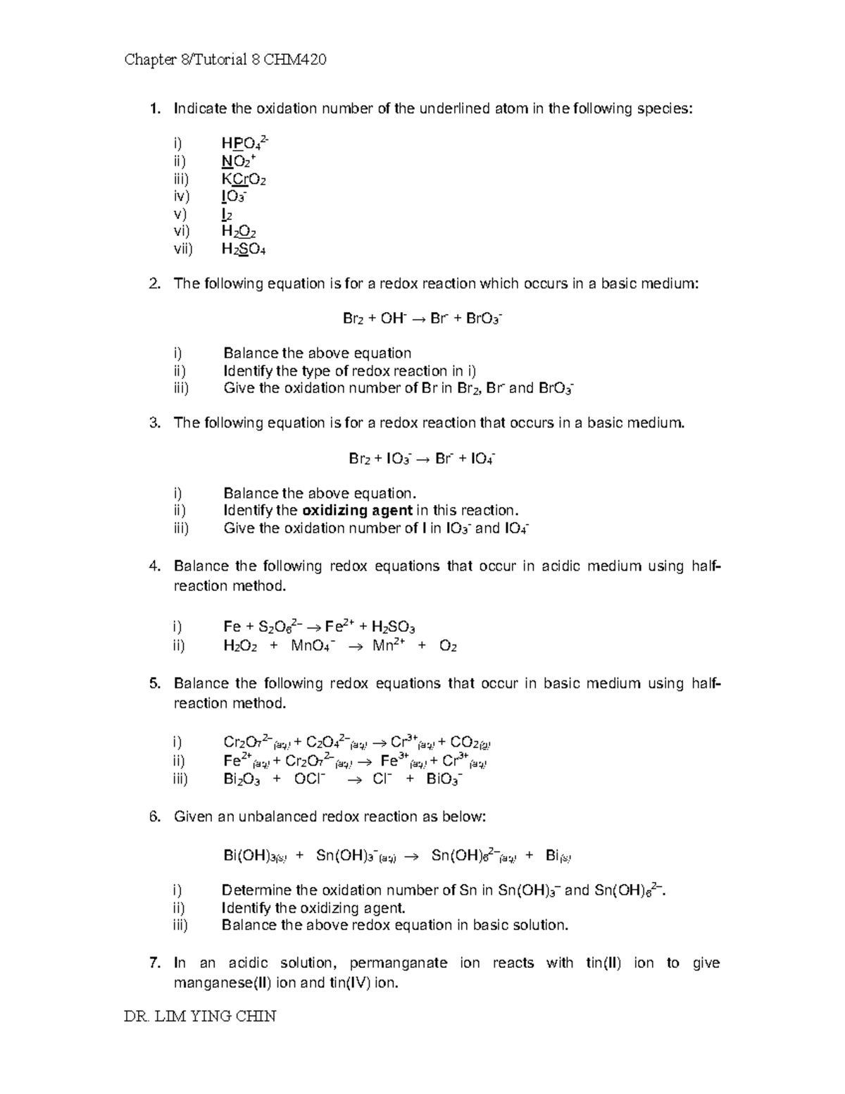 Tutorial 8 CHM420 Oct 2023 - Chapter 8/Tutorial 8 CHM DR. LIM YING CHIN ...