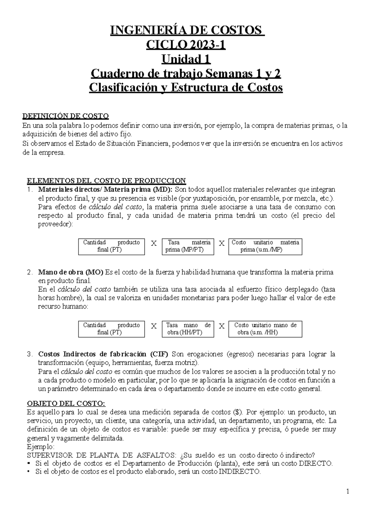 IC Cuaderno DE Trabajo Semanas 1 Y 2 - Tasa Materia Prima (MP/PT) Tasa ...