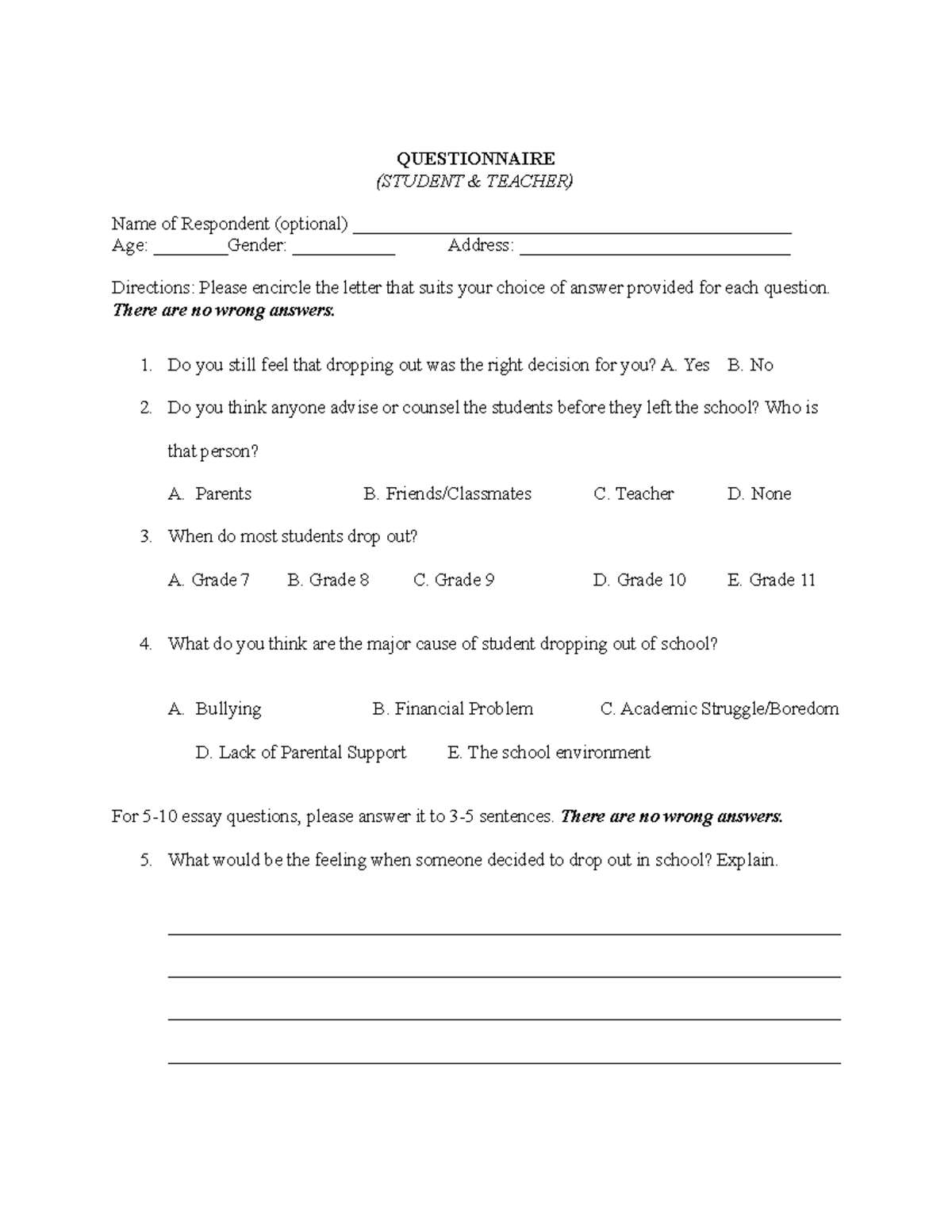 2 - Sample Questionnaire - QUESTIONNAIRE (STUDENT & TEACHER) Name of ...