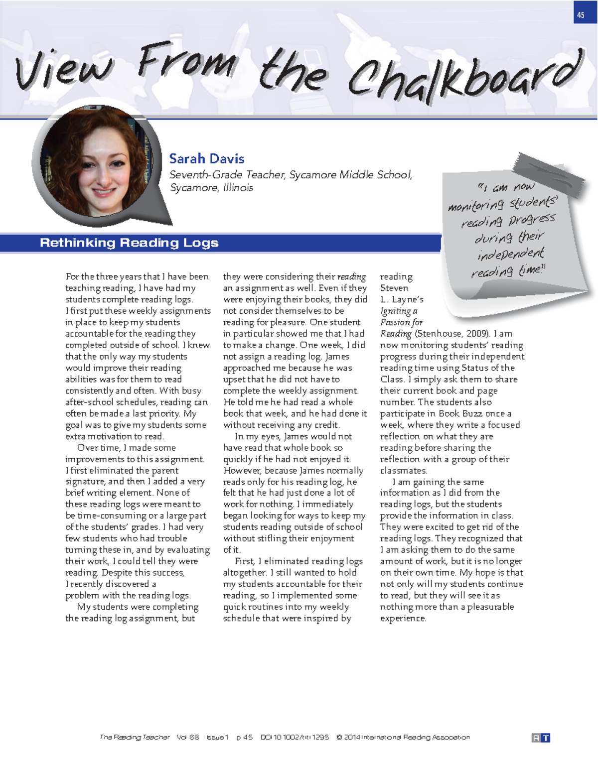 Davis-2014-The Reading Teacher - 45 R T Vi ew From t h e C h a lk b o a ...