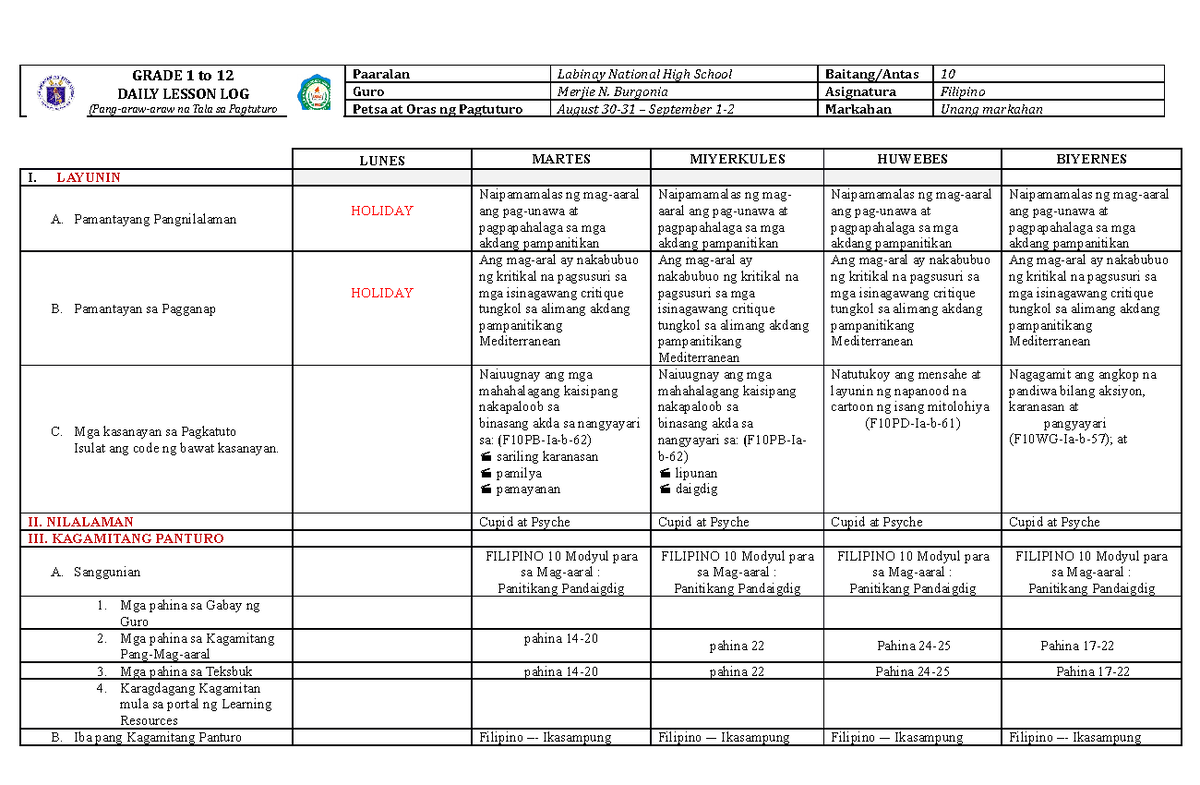 Filipino 10 - Daily Lesson Log - GRADE 1 To 12 DAILY LESSON LOG (Pang ...