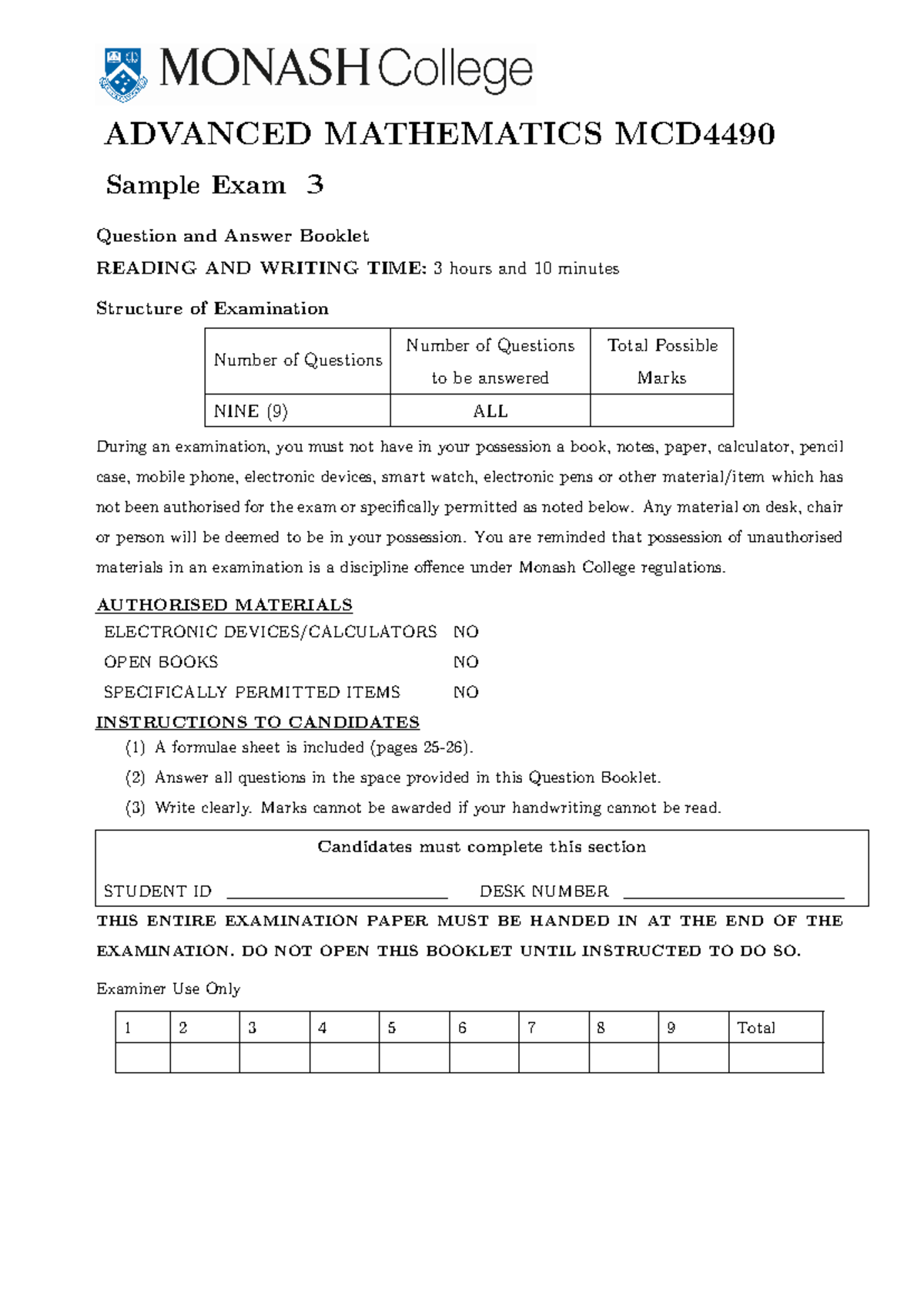 MCD4490 Smp Exam 3 - Chem - ADVANCED MATHEMATICS MCD Sample Exam ...