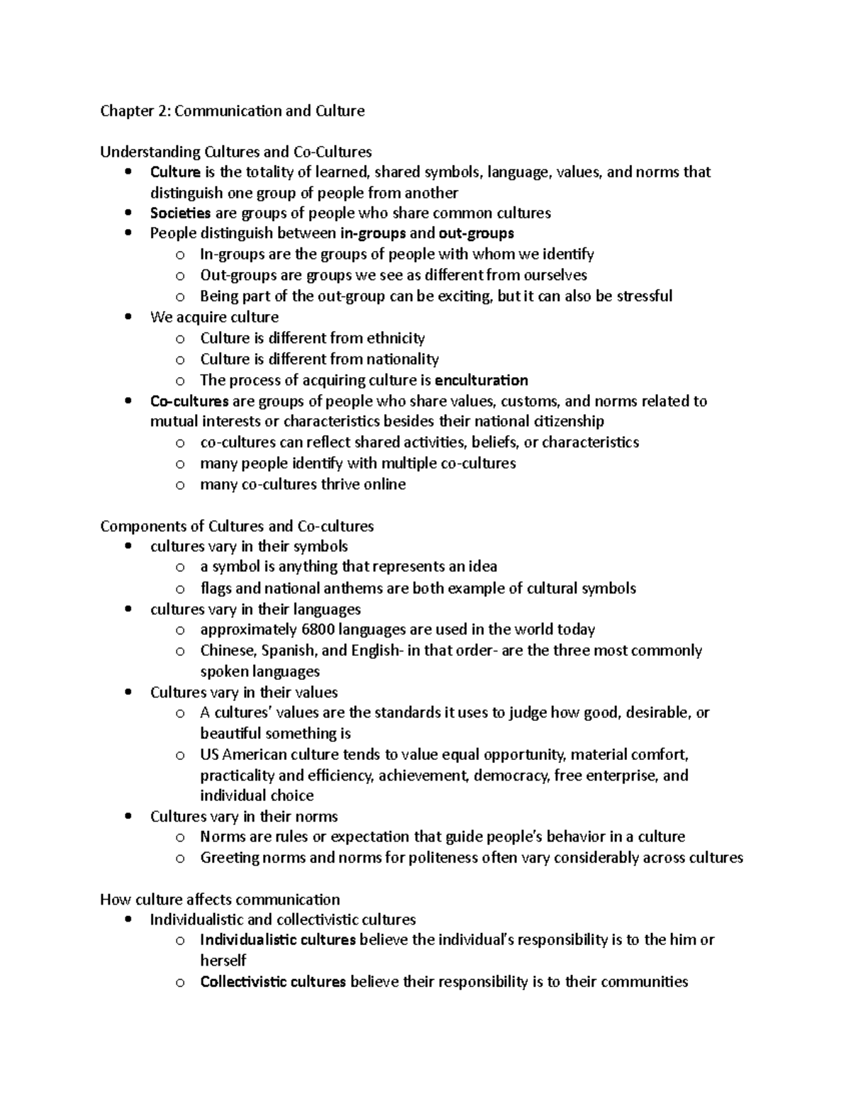 Chapter 2 - notes - Chapter 2: Communication and Culture Understanding ...