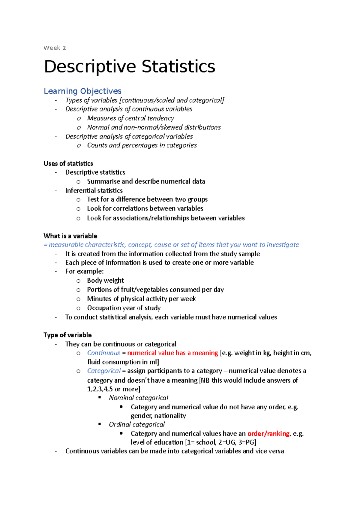 Week 2 - descriptive statistics - Week 2 Descriptive Statistics ...